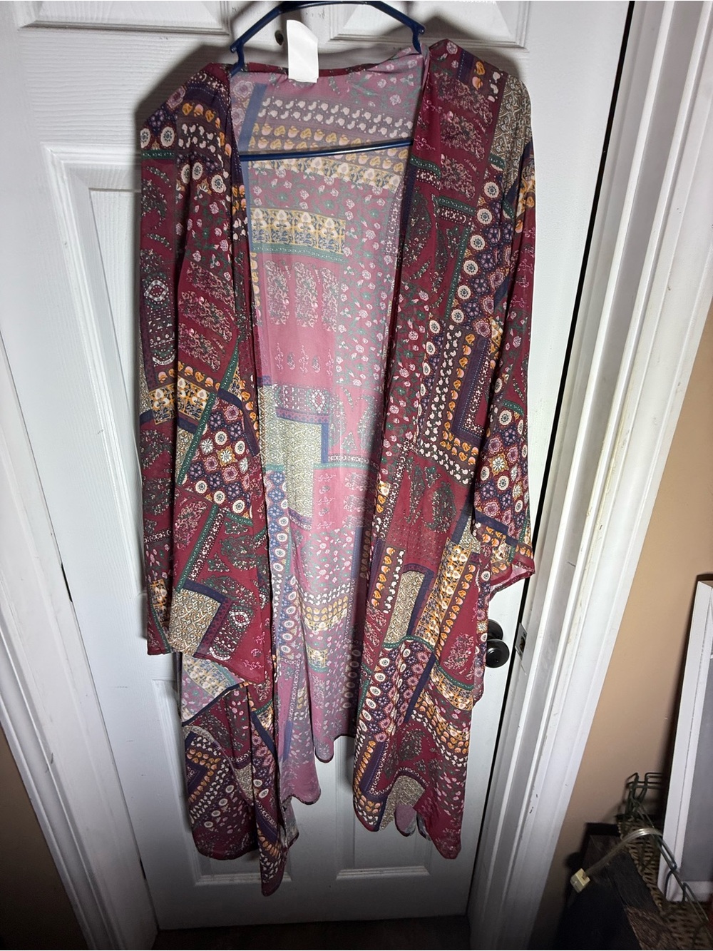 Boho Patchwork Open Front Cardigan in Burgundy with accent colors-2X